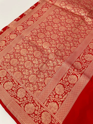Banarasi Katan Silk Saree | Red | Handwoven | Silk Mark Certified | Ships from California